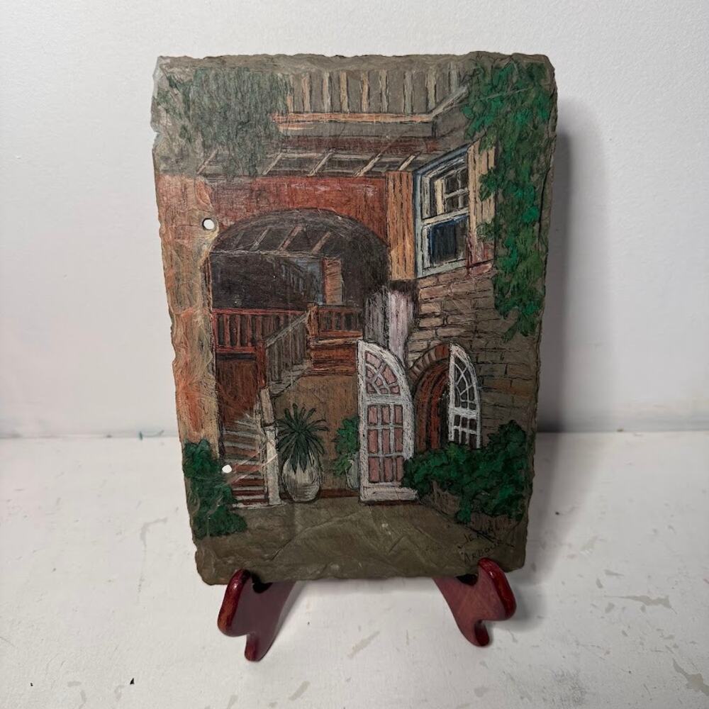 VTG Hand-Painted New Orleans French Quarter Courtyard Salvaged Roofing Slate